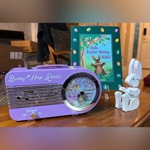 Bunny Hop Radio; Book”Hide, Easter Bunny, Hide!”; 6.5” Wooden Bunny; Opalite Egg